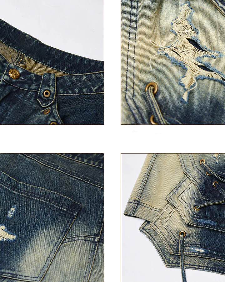 Dark Washed Deconstructed Lace-Up Denim Shorts - Image 11
