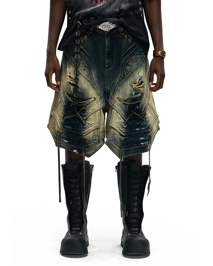 Dark Washed Deconstructed Lace-Up Denim Shorts - Image 2