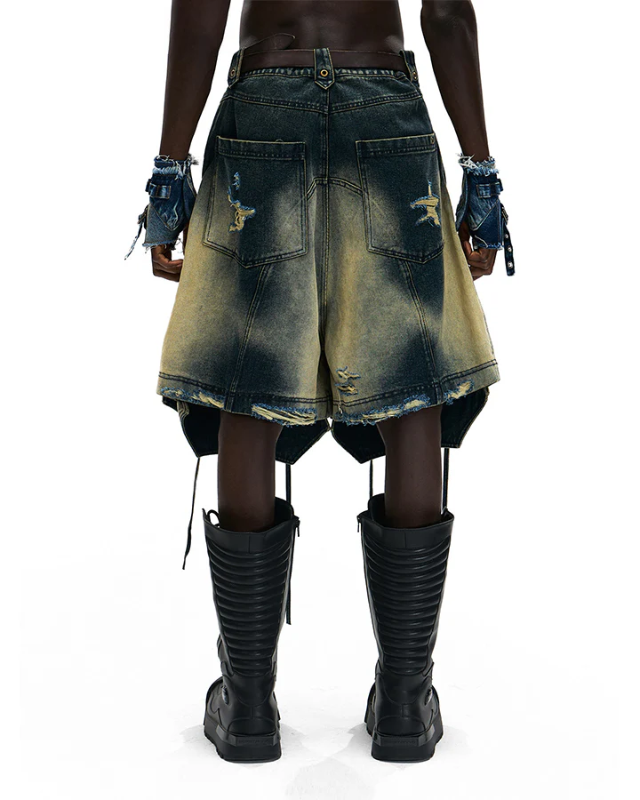 Dark Washed Deconstructed Lace-Up Denim Shorts - Image 4