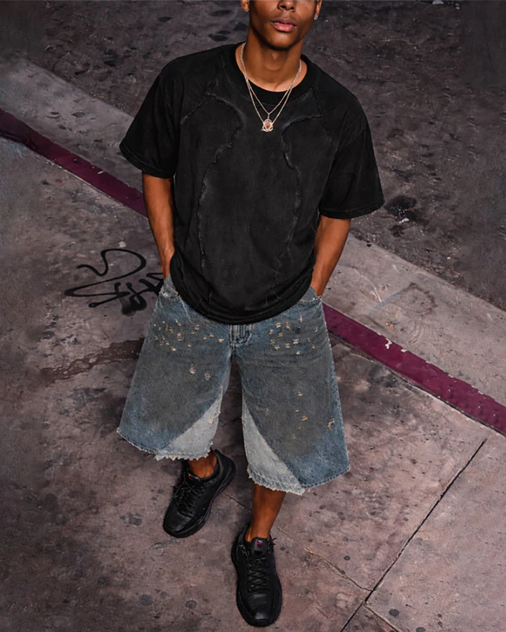 Dark Washed Deconstructed Seam Short Sleeve T-Shirt - Image 3