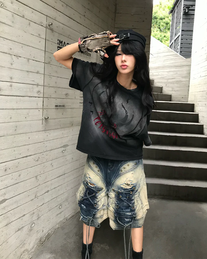 Dark Washed Distressed Graphic Short Sleeve T-Shirt - Image 10
