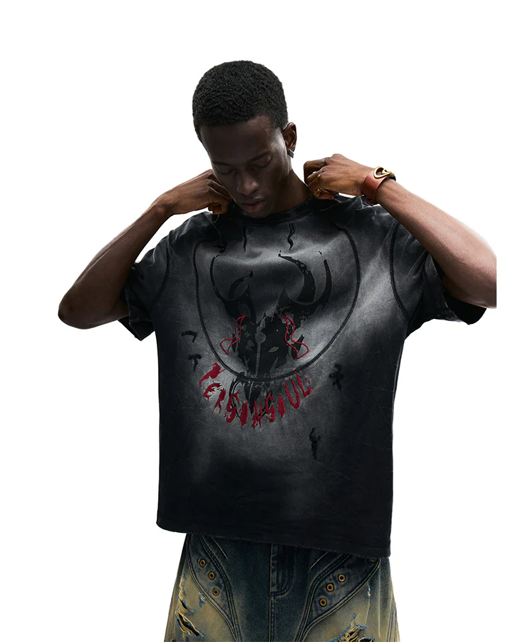 Dark Washed Distressed Graphic Short Sleeve T-Shirt - Image 2
