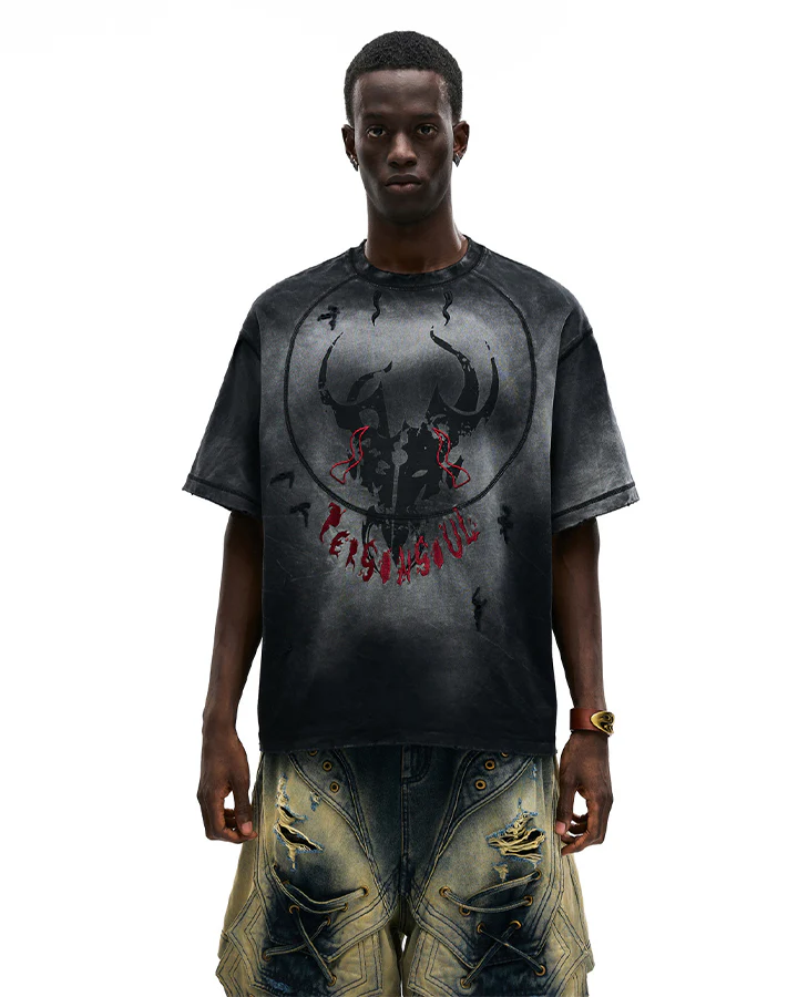 Dark Washed Distressed Graphic Short Sleeve T-Shirt - Image 3