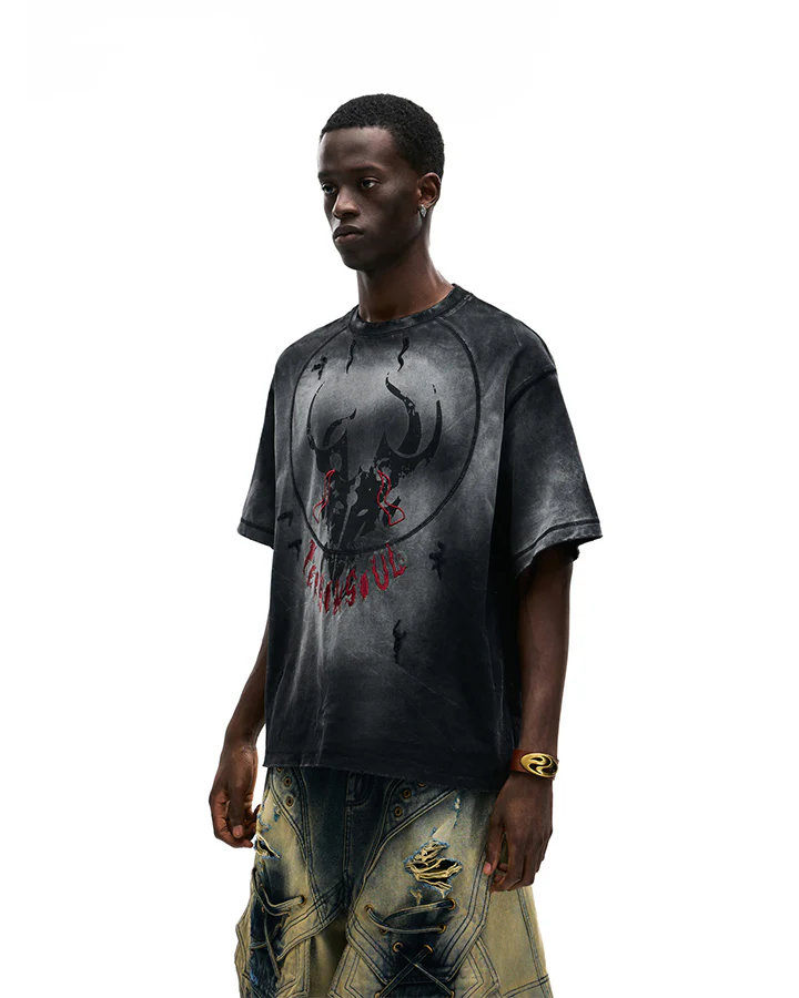 Dark Washed Distressed Graphic Short Sleeve T-Shirt - Image 6