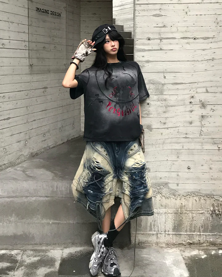 Dark Washed Distressed Graphic Short Sleeve T-Shirt - Image 8