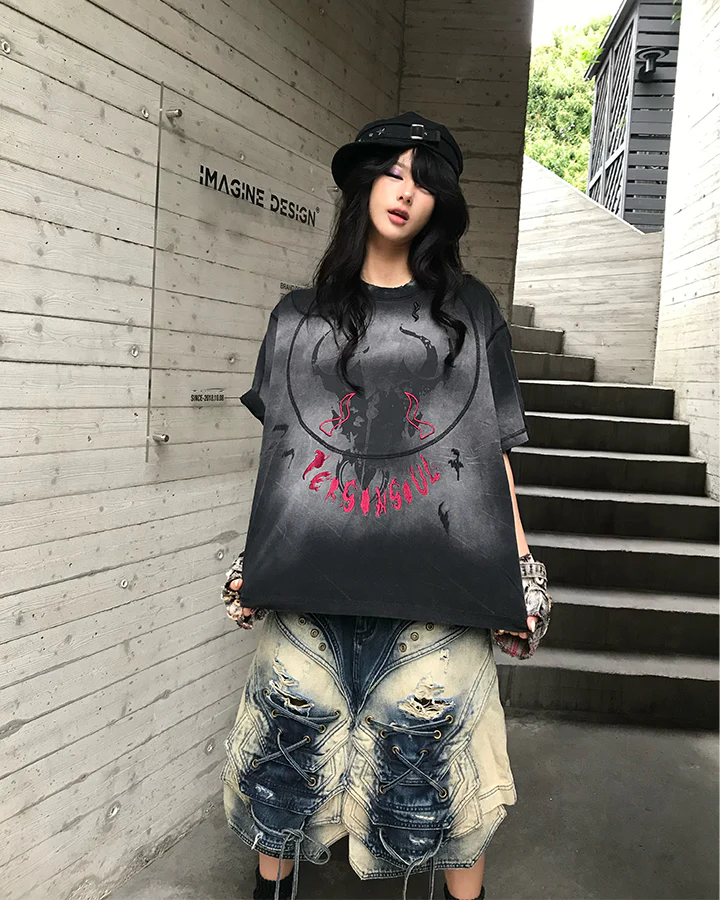 Dark Washed Distressed Graphic Short Sleeve T-Shirt - Image 9