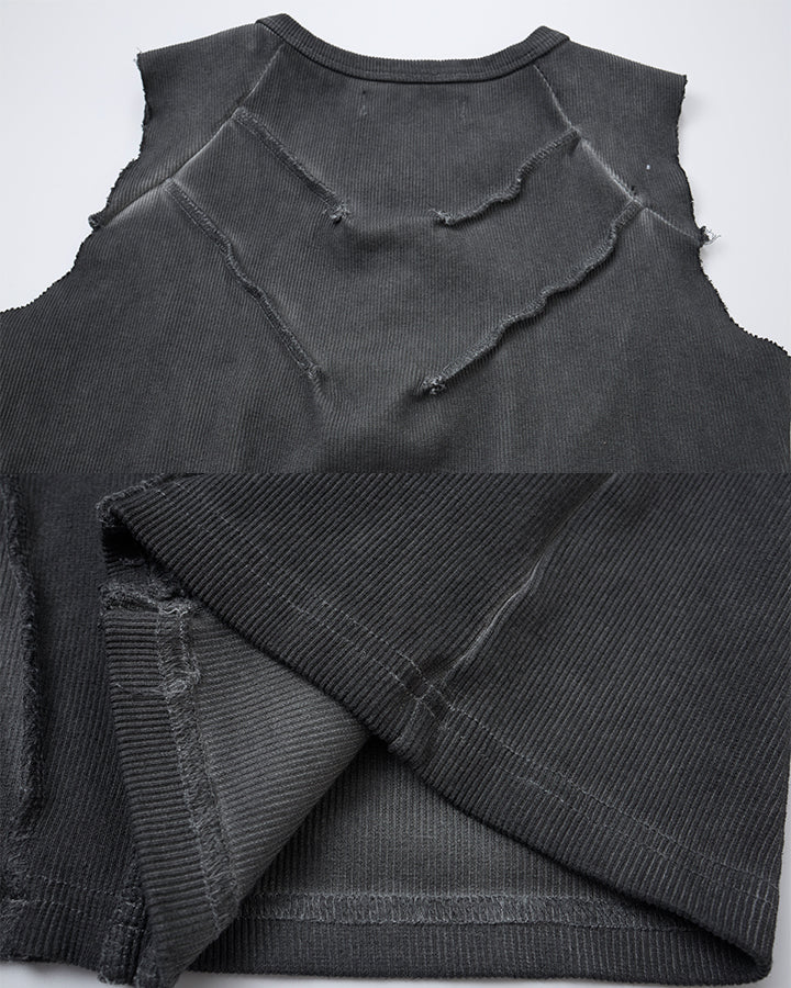 Dark Washed Distressed Sleeveless Ribbed Tank Top - Image 3