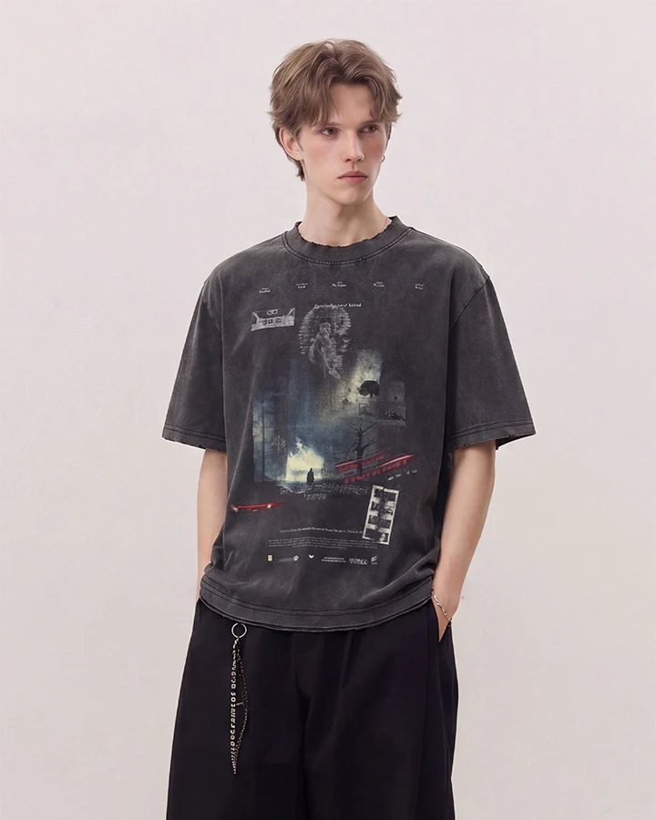 Dark Washed Futuristic Graphic Short Sleeve T-Shirt - Image 2
