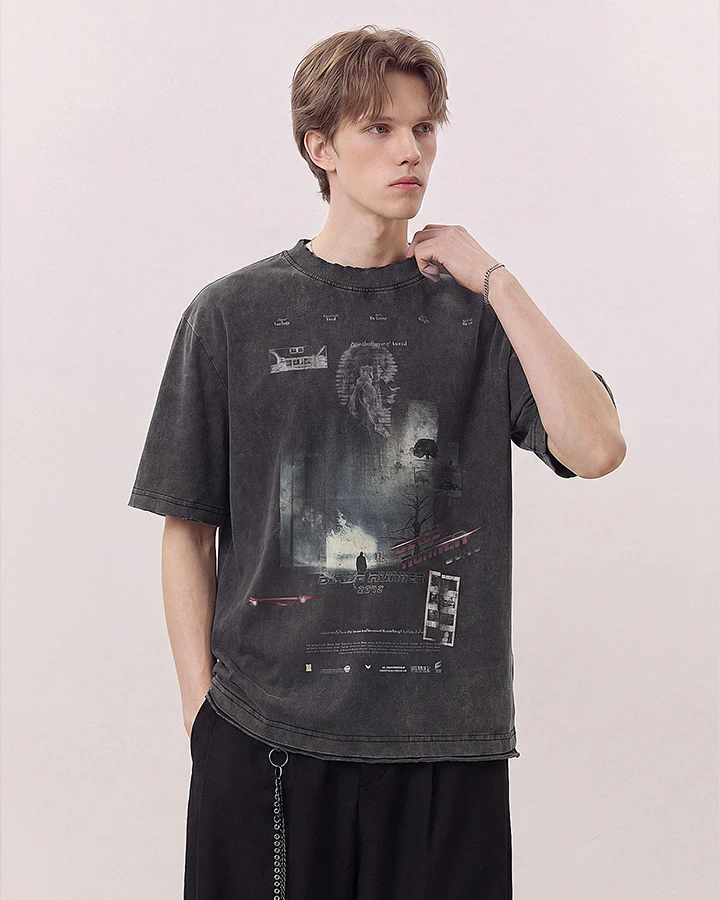 Dark Washed Futuristic Graphic Short Sleeve T-Shirt - Image 3
