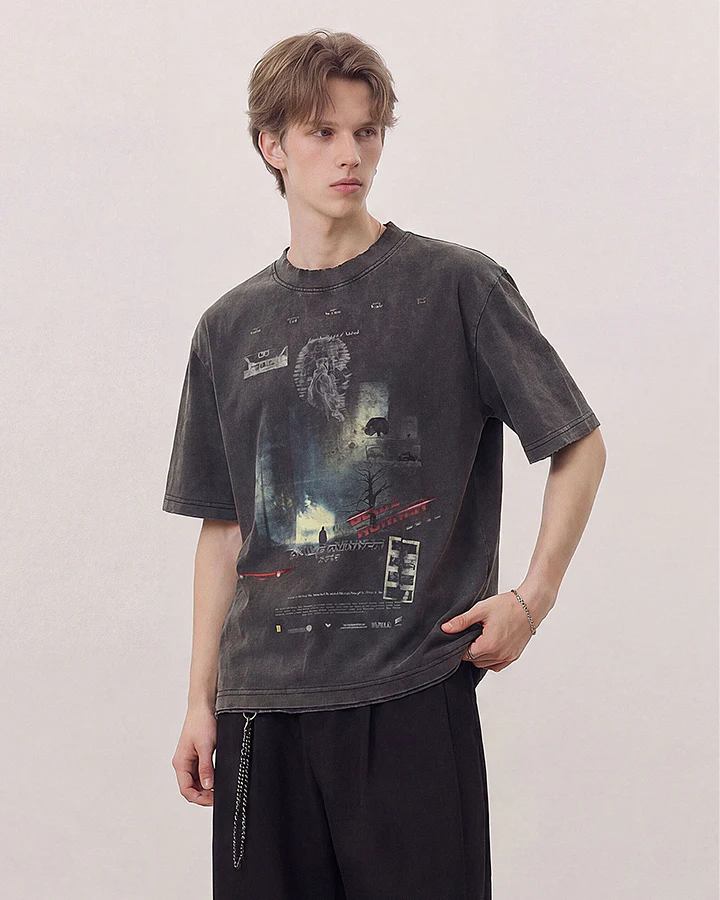Dark Washed Futuristic Graphic Short Sleeve T-Shirt - Image 5