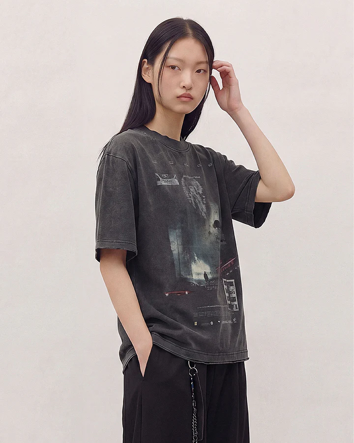 Dark Washed Futuristic Graphic Short Sleeve T-Shirt - Image 6