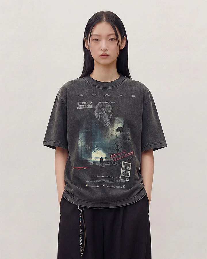 Dark Washed Futuristic Graphic Short Sleeve T-Shirt - Image 7