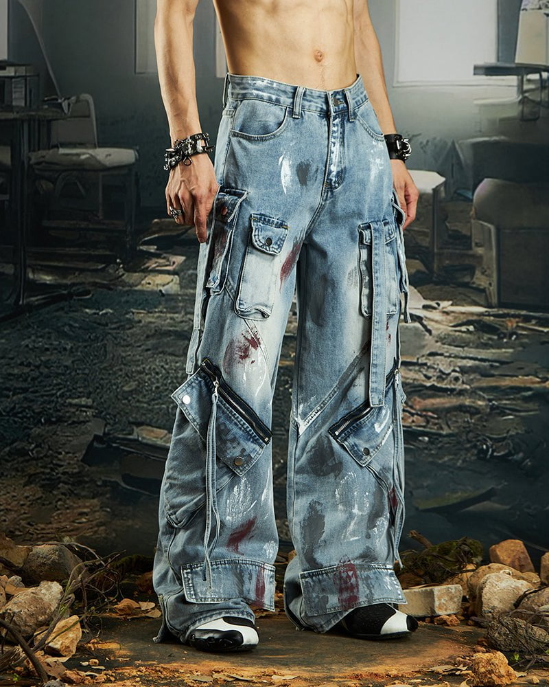Deconstructed Graffiti Strap Cargo Jeans - Image 6