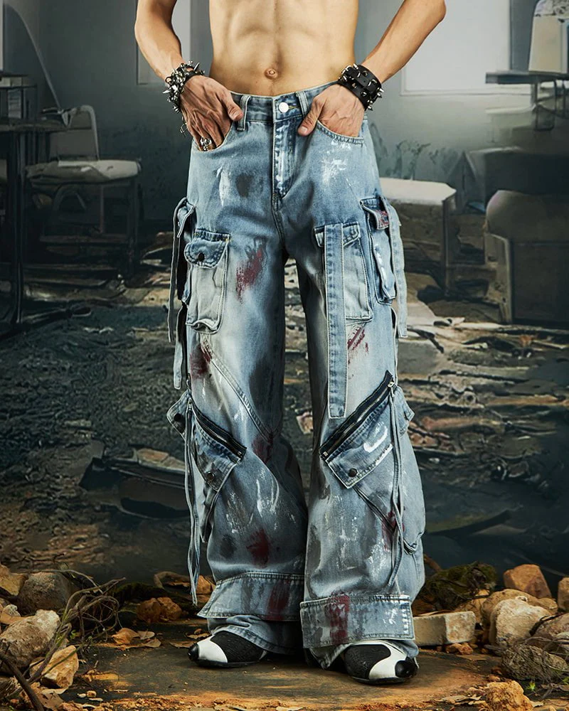 Deconstructed Graffiti Strap Cargo Jeans - Image 7