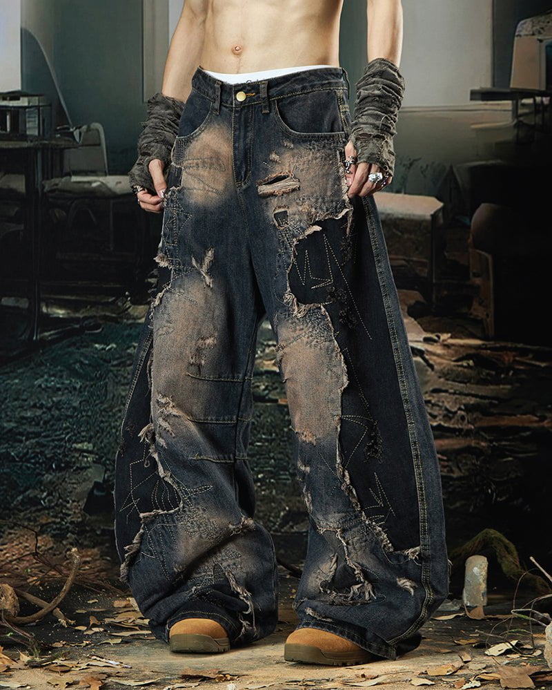 Deconstructed Washed Patchwork Blade-Cut Jeans - Image 2