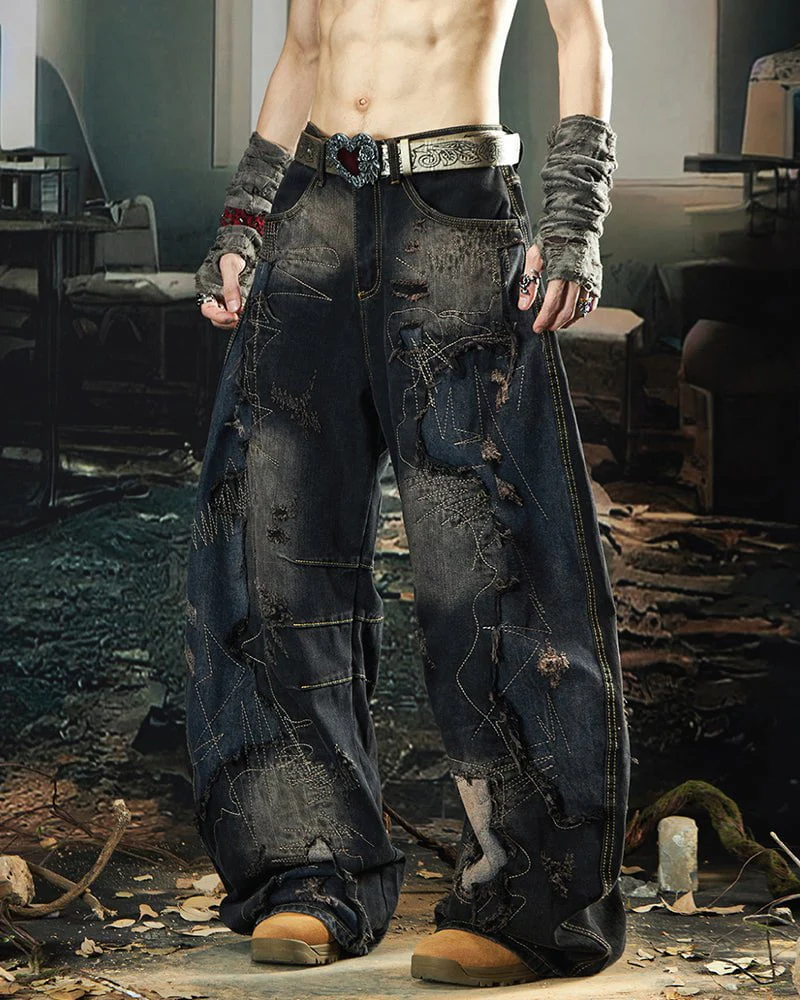 Deconstructed Washed Patchwork Blade-Cut Jeans - Image 3