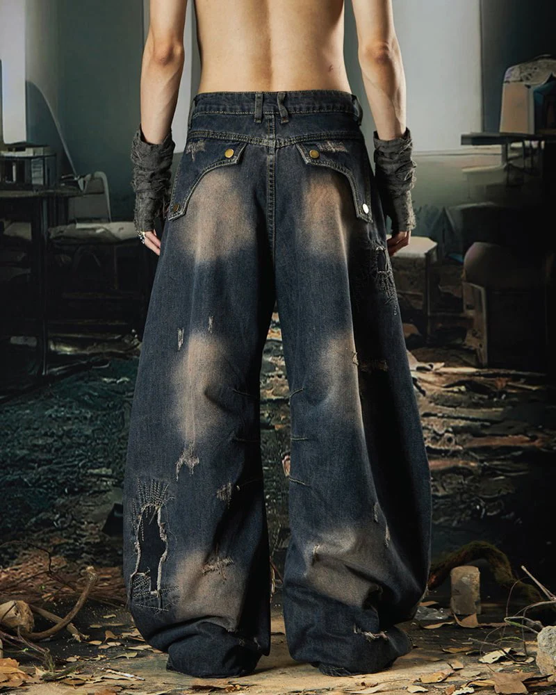Deconstructed Washed Patchwork Blade-Cut Jeans - Image 4