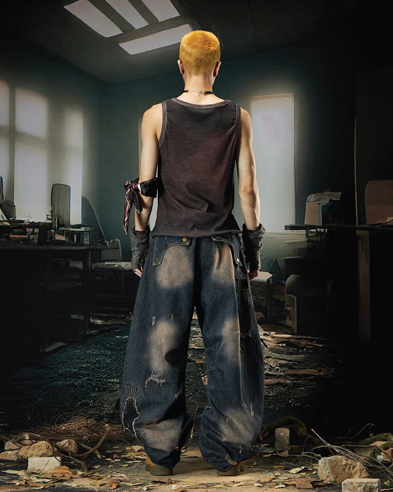 Deconstructed Washed Patchwork Blade-Cut Jeans - Image 6