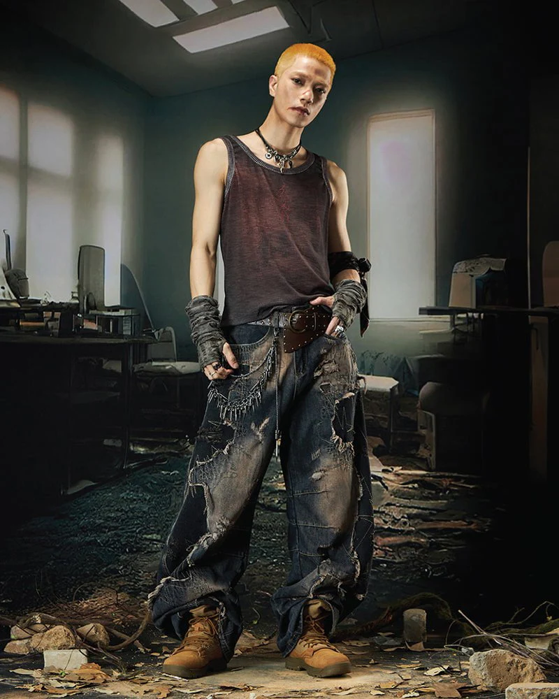 Deconstructed Washed Patchwork Blade-Cut Jeans - Image 9