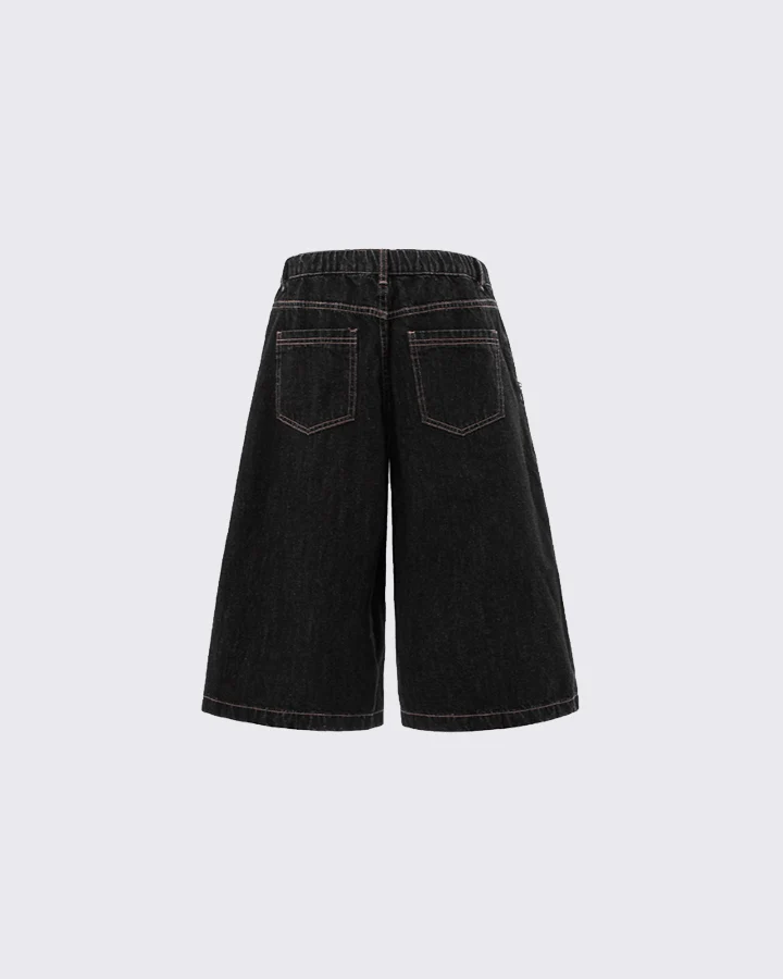 Denim Drawstring Shorts with Plaid Detail - Casual Streetwear - Image 2
