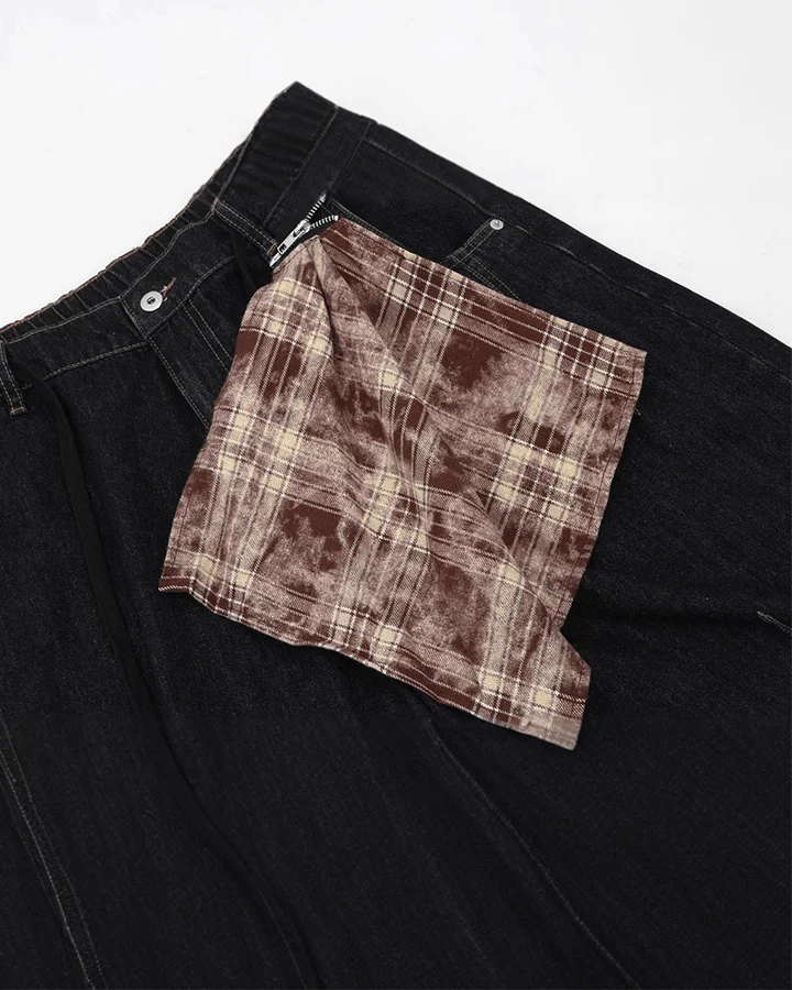 Denim Drawstring Shorts with Plaid Detail - Casual Streetwear - Image 3