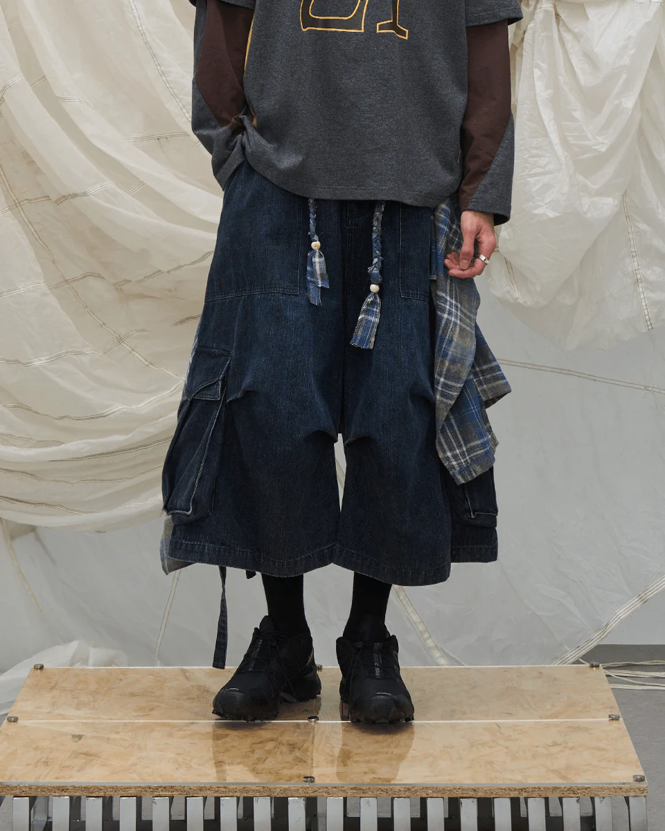 Utility Denim 3/4 Shorts with Detachable Back Flap - Image 2