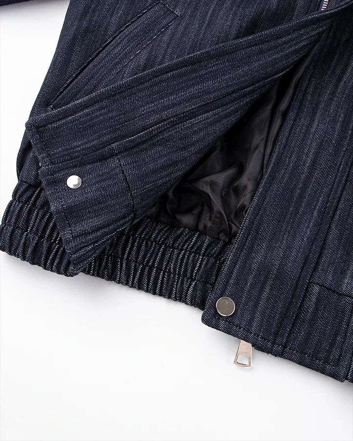 Denim Stand Collar Zip-Up Jacket - Image 6