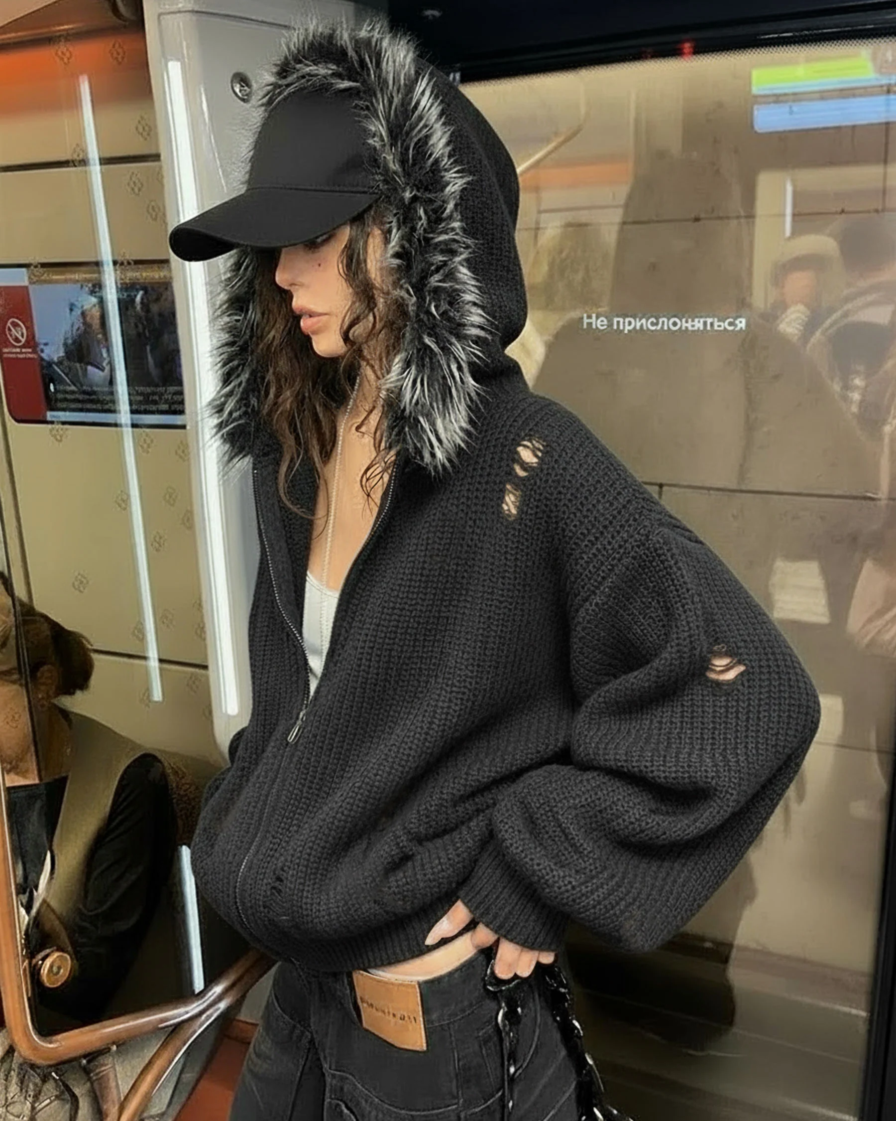 KIIKIO Destroyed Knitted Sweater Plush Coat - Image 3