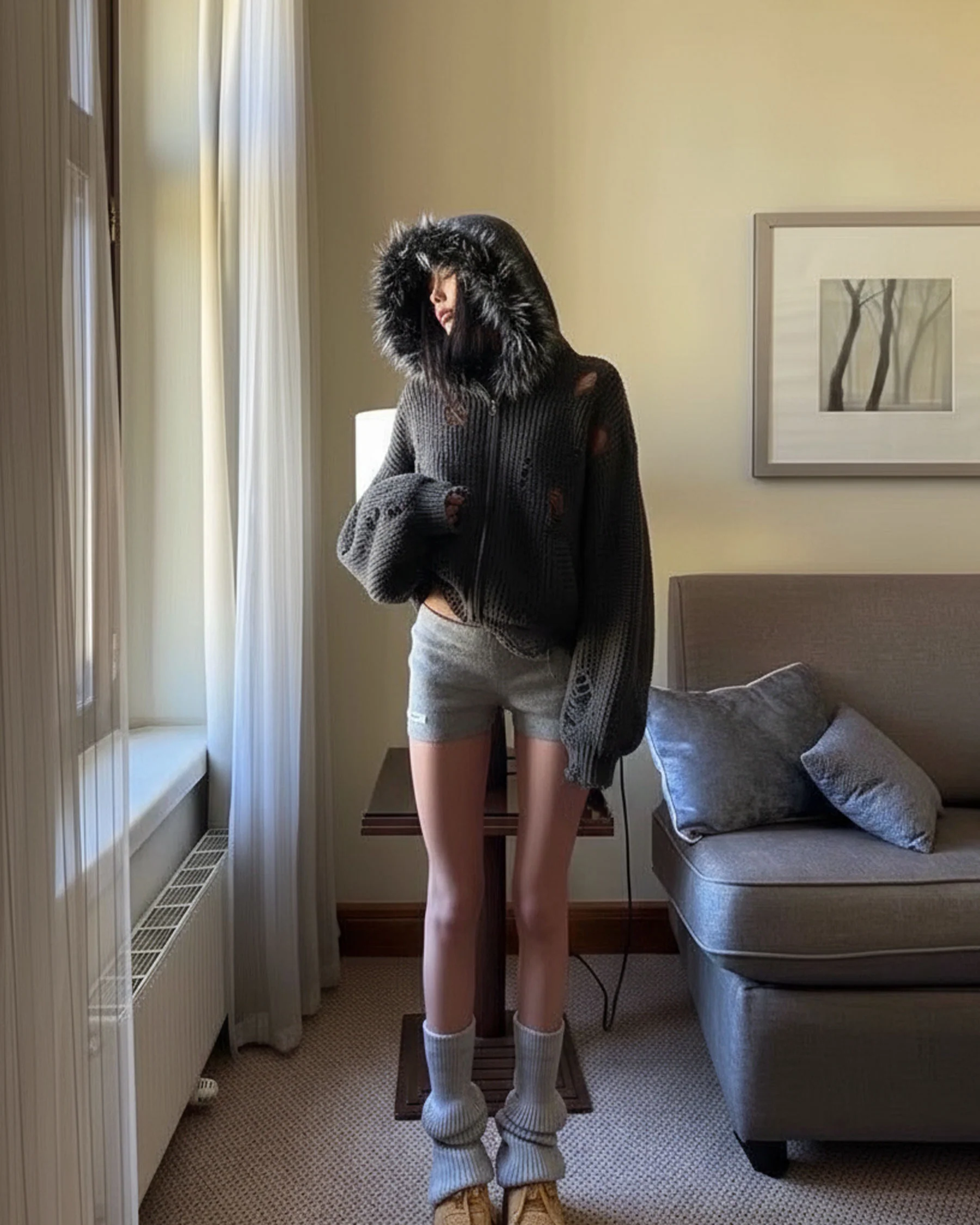 KIIKIO Destroyed Knitted Sweater Plush Coat - Image 5