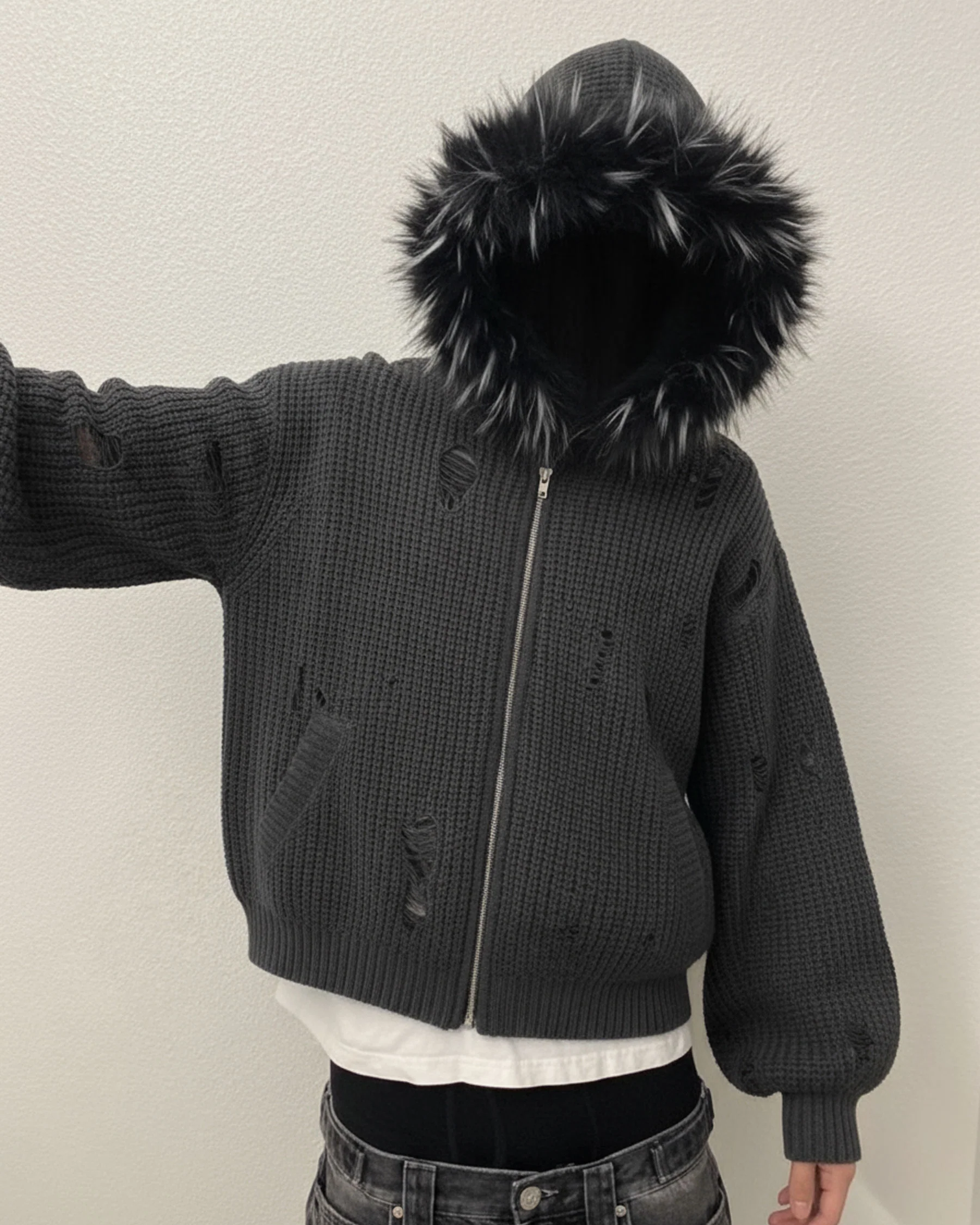 KIIKIO Destroyed Knitted Sweater Plush Coat - Image 6