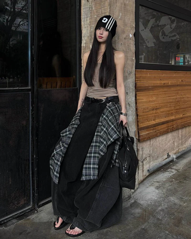 Detachable Plaid Layer Wide-Leg Pants - Image 11