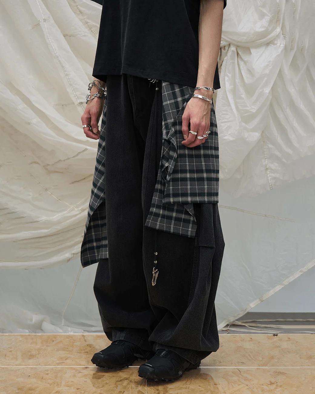 Detachable Plaid Layer Wide-Leg Pants - Image 2