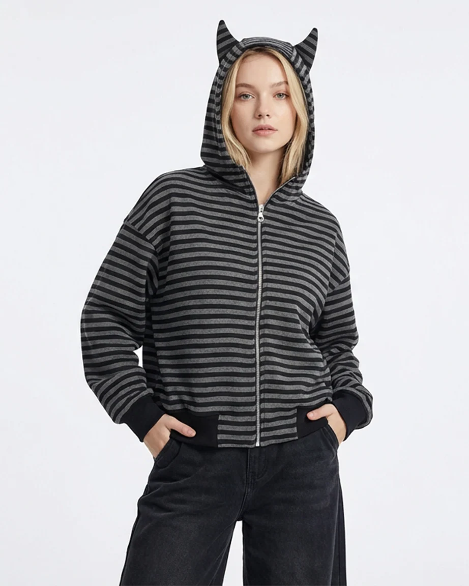 Devil-Horn Striped Hooded Jacket - Image 2