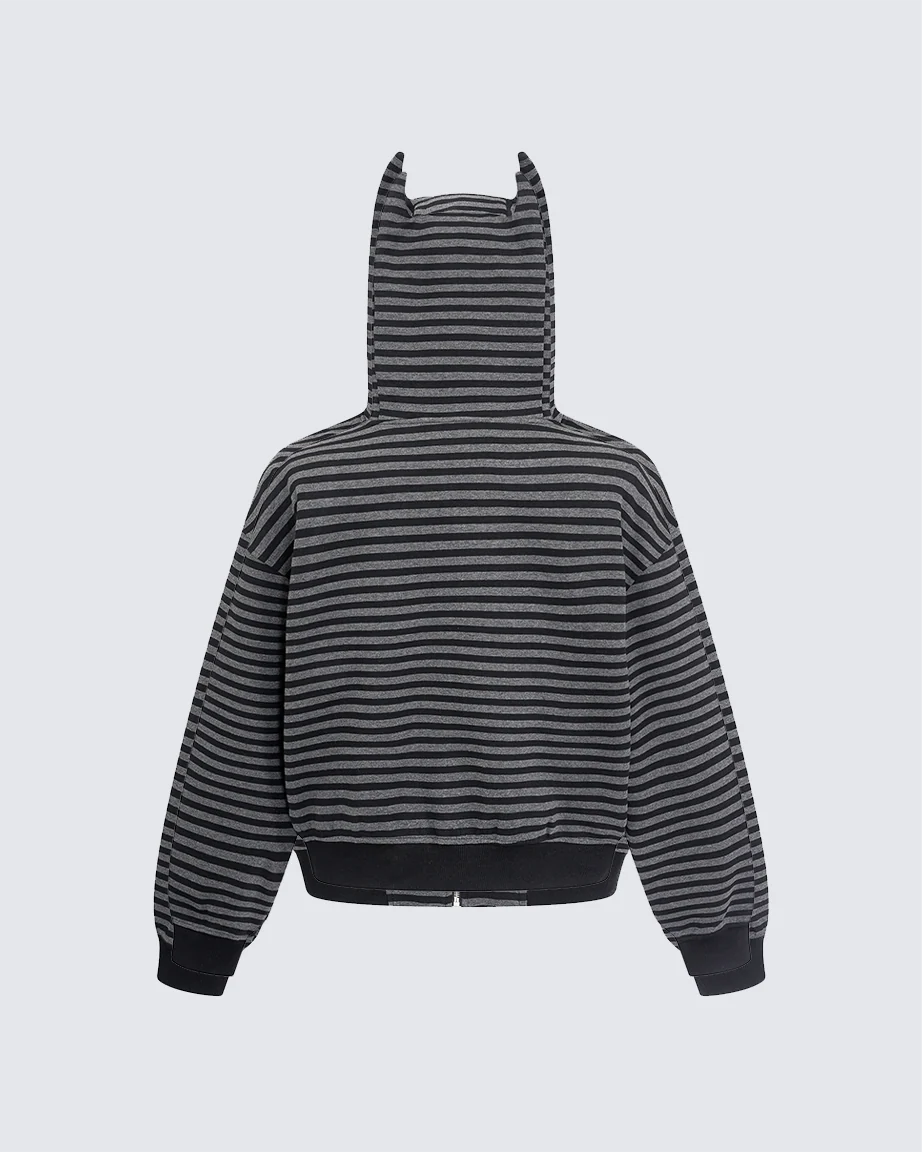 Devil-Horn Striped Hooded Jacket - Image 3