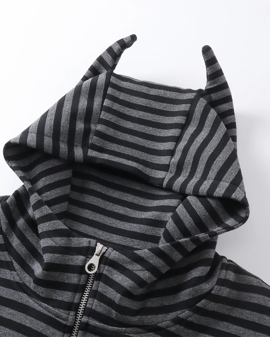 Devil-Horn Striped Hooded Jacket - Image 4