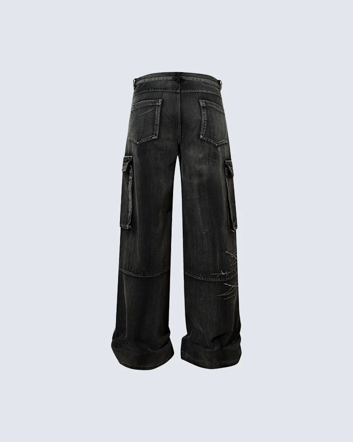 Distressed Black Cargo Pants with Multiple Pockets - Image 2