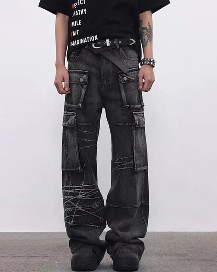 Distressed Black Cargo Pants with Multiple Pockets - Image 3