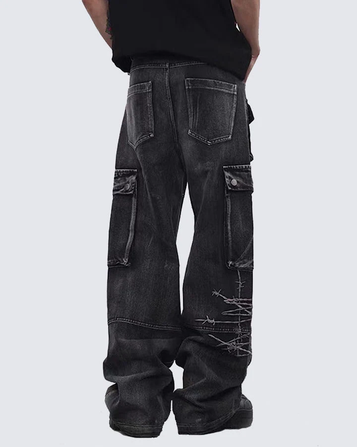 Distressed Black Cargo Pants with Multiple Pockets - Image 4