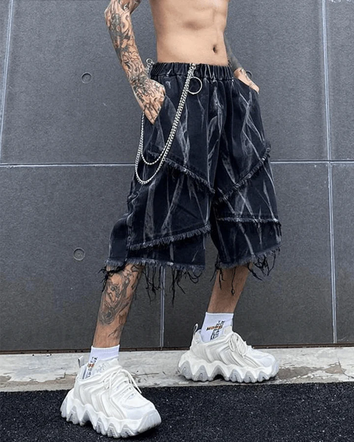 Distressed Black Denim Shorts with Abstract Print - Image 2