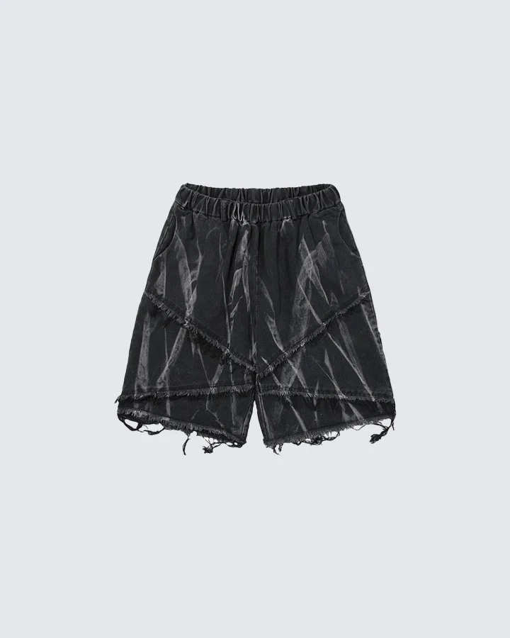 Distressed Black Denim Shorts with Abstract Print - Image 3