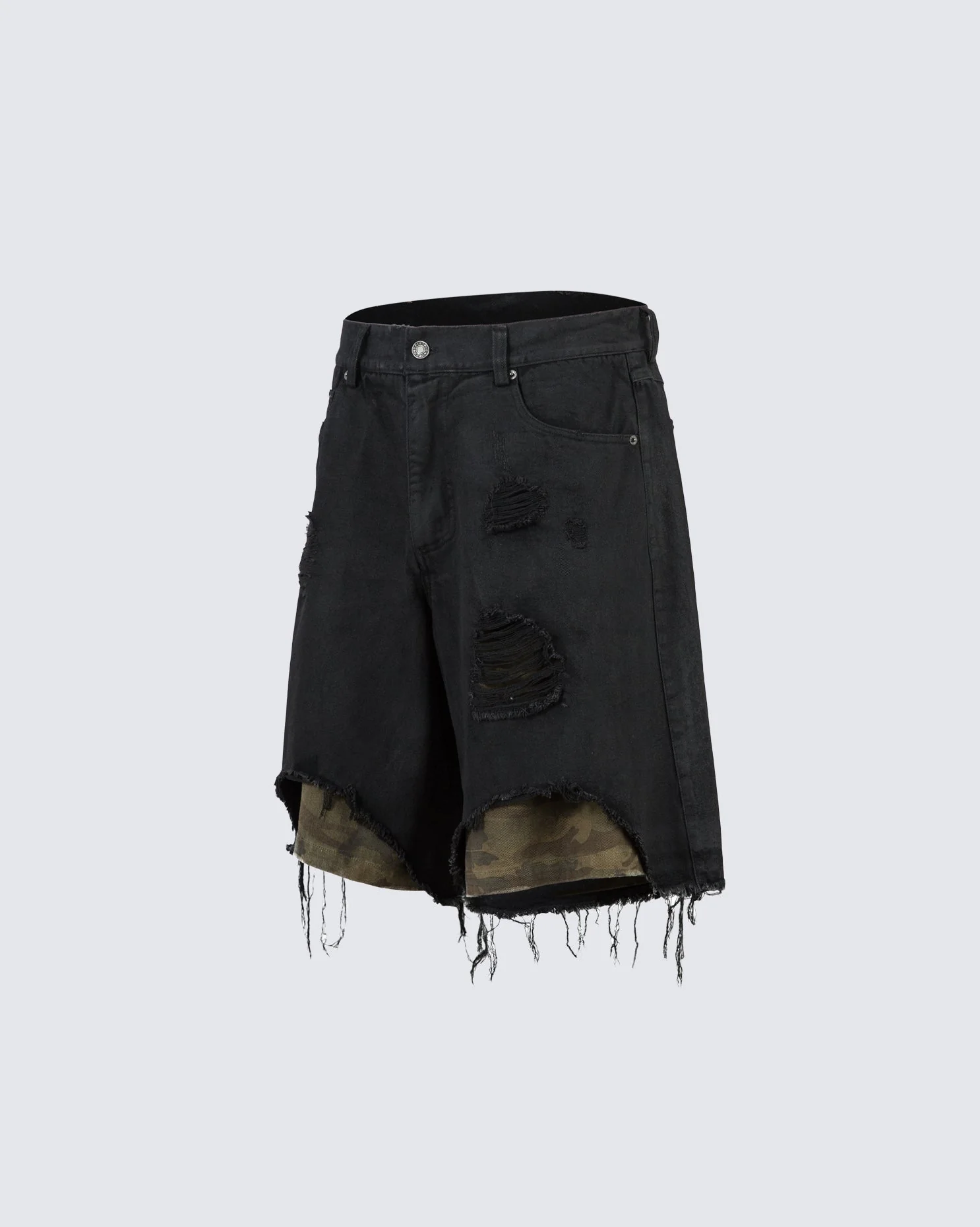 Distressed Black Denim Shorts with Camouflage Inner Layer - Image 2