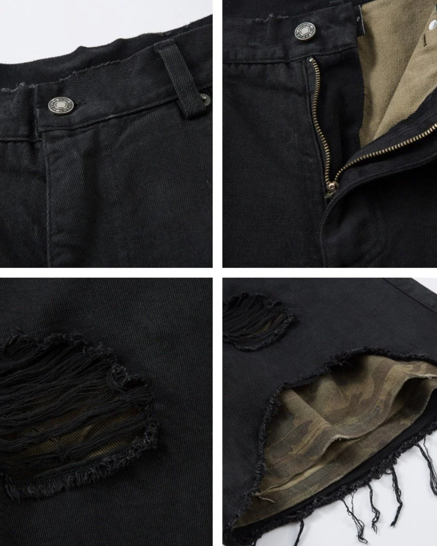Distressed Black Denim Shorts with Camouflage Inner Layer - Image 3