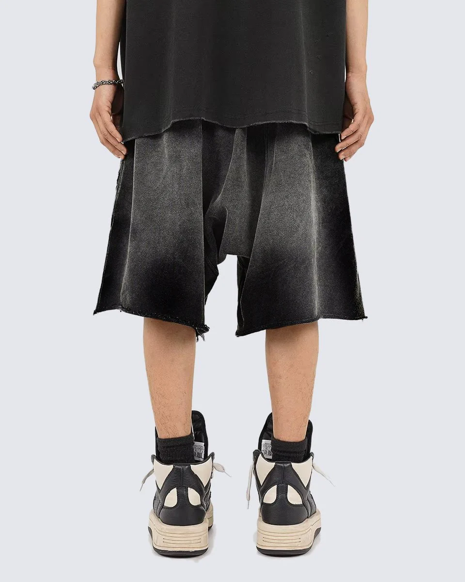 Distressed Black Drop-Crotch Shorts with Drawstring Waist - Image 3