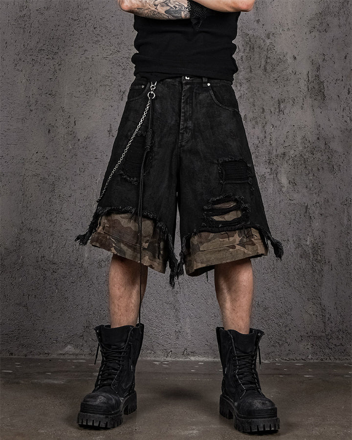 Distressed Bleached Patchwork Denim Shorts - Image 2