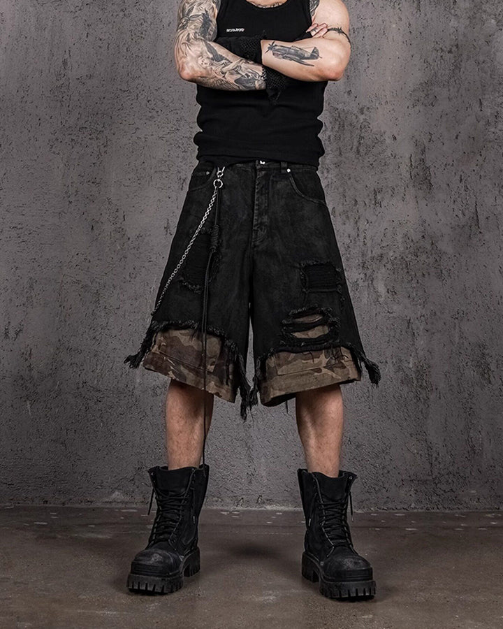 Distressed Bleached Patchwork Denim Shorts - Image 3