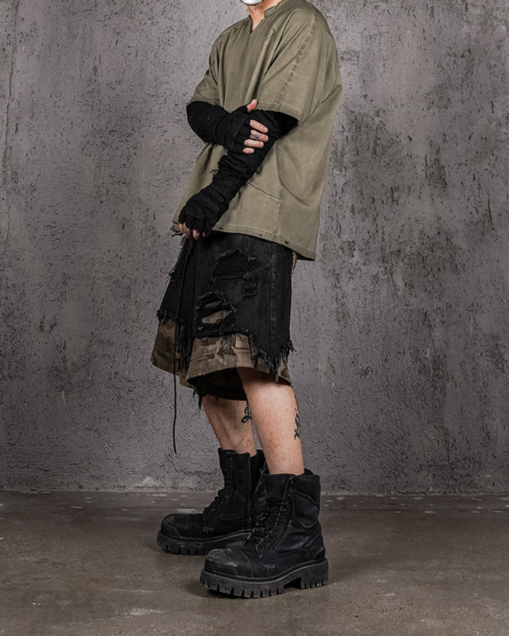 Distressed Bleached Patchwork Denim Shorts - Image 5