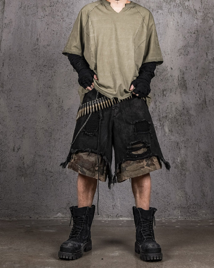 Distressed Bleached Patchwork Denim Shorts - Image 6