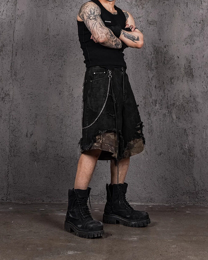 Distressed Bleached Patchwork Denim Shorts - Image 7