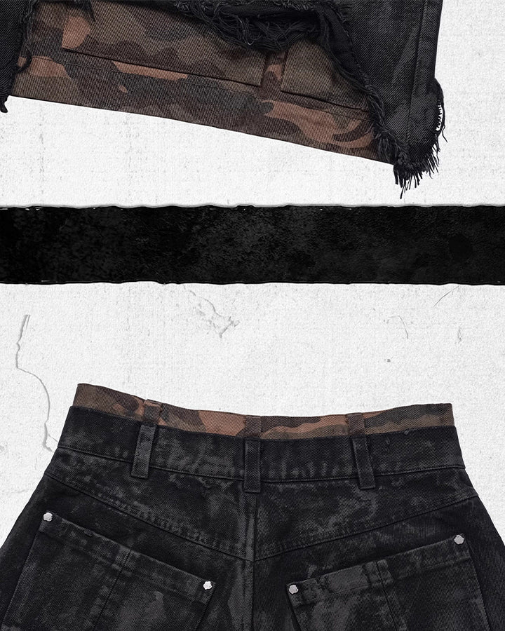 Distressed Bleached Patchwork Denim Shorts - Image 9