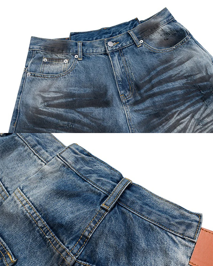 Distressed Crinkled Irregular Knee-Length Denim Shorts - Image 11